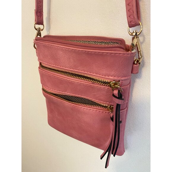 Pink Faux Leather Crossbody Bag With Gold Zippers & Adjustable Strap - Picture 4 of 5